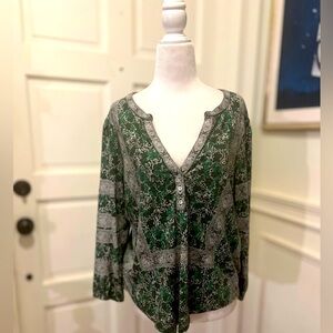 EUC Lucky Brand GreenPatterned Peasant Blouse Sz M